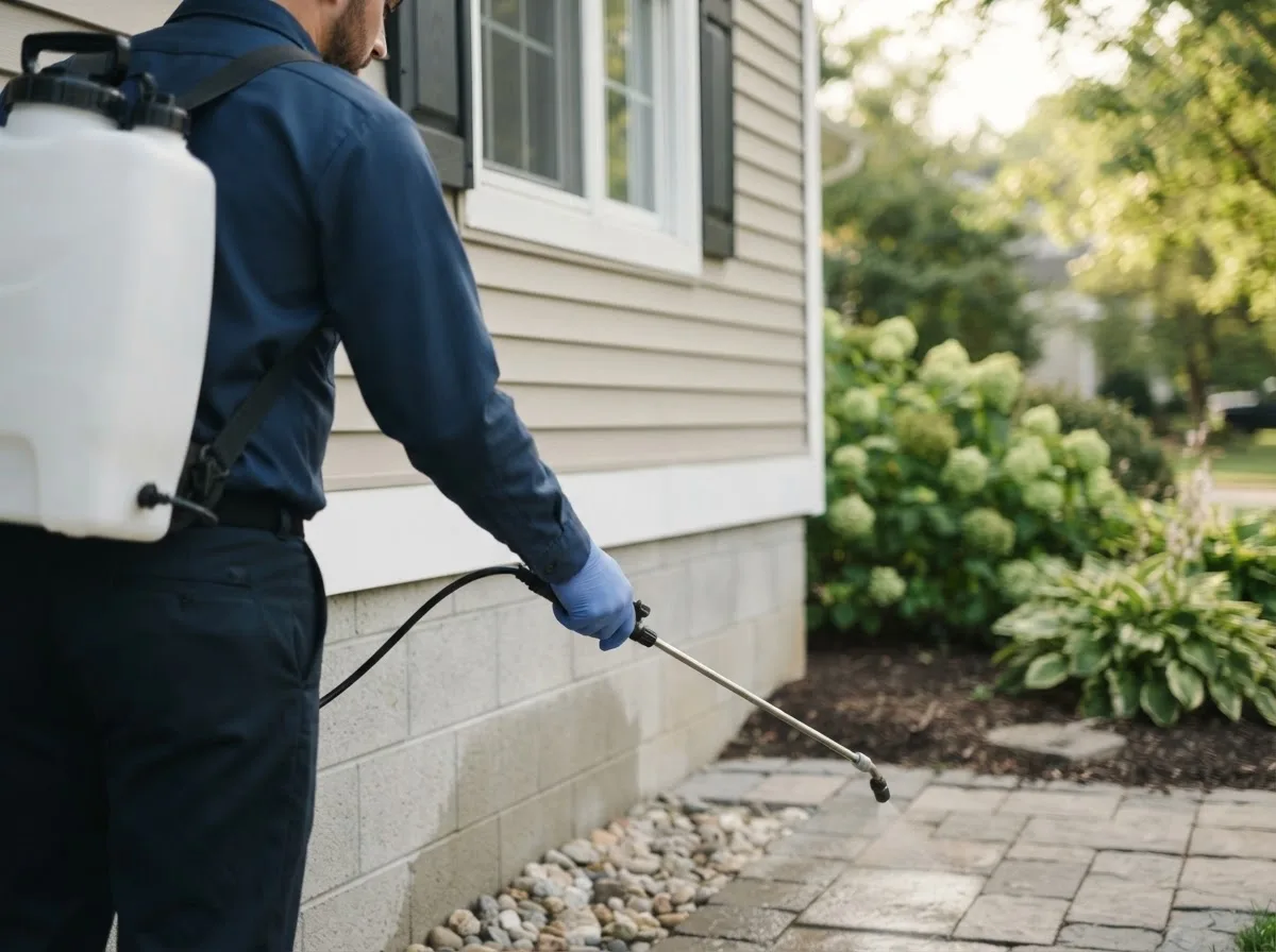 Pest control technician inspecting a home in Hoskins, NE